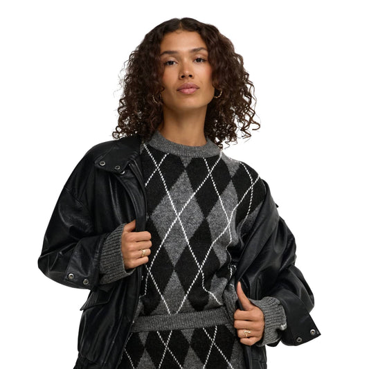 JDY Bianka L/S Argyle Pullover Knit Dark Grey Melange  - 15381327DGM
