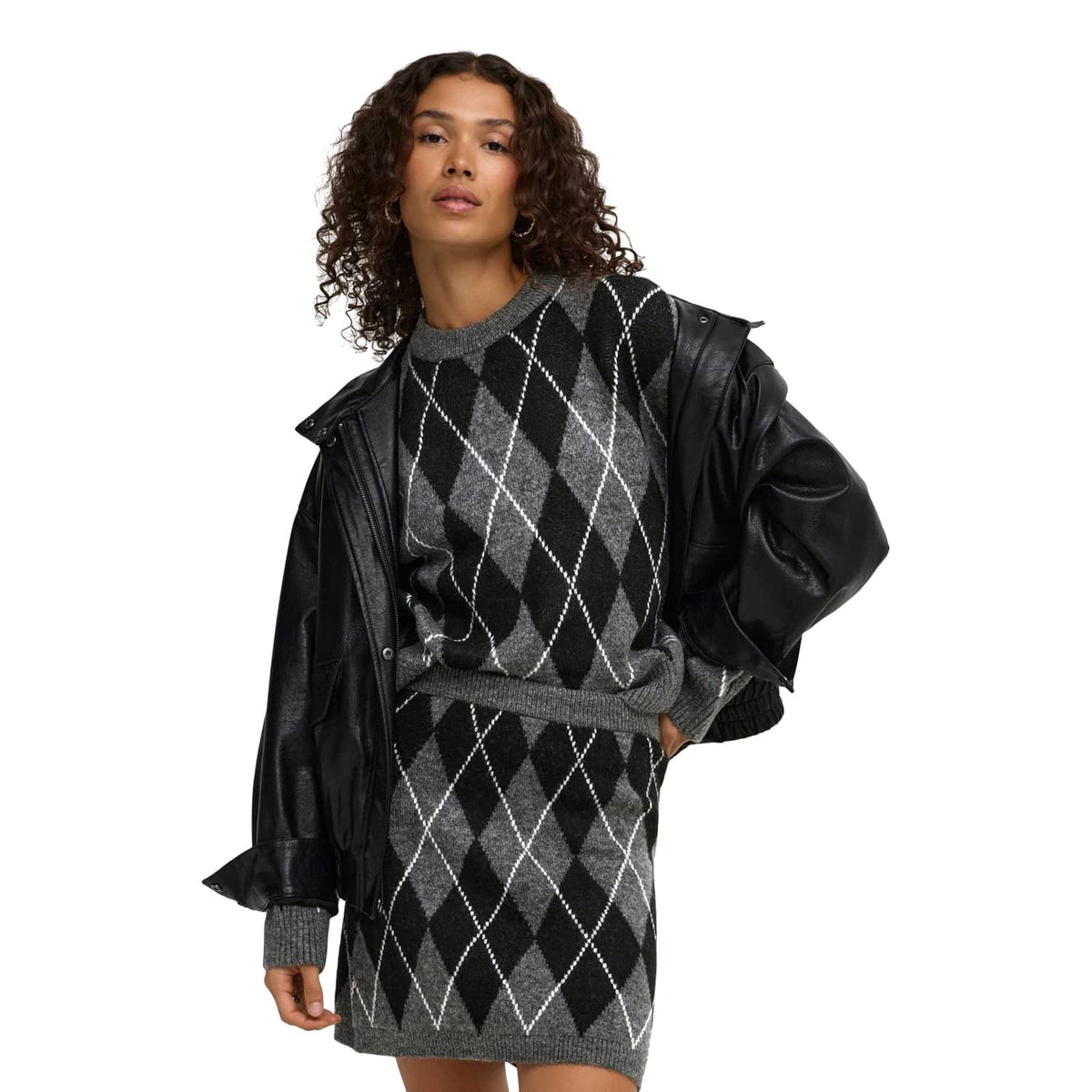 JDY Bianka L/S Argyle Pullover Knit Dark Grey Melange  - 15381327DGM
