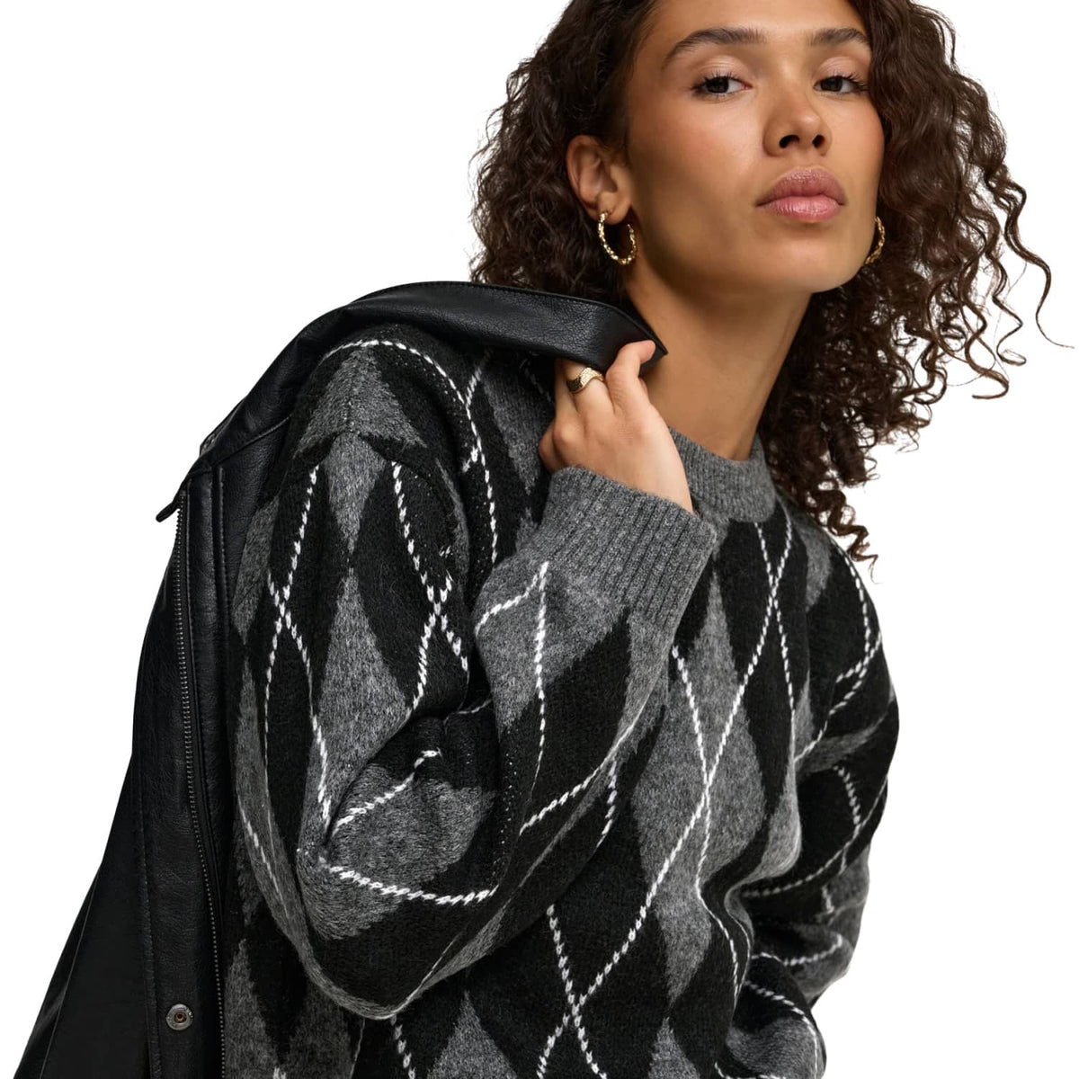 JDY Bianka L/S Argyle Pullover Knit Dark Grey Melange  - 15381327DGM