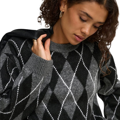 JDY Bianka L/S Argyle Pullover Knit Dark Grey Melange  - 15381327DGM