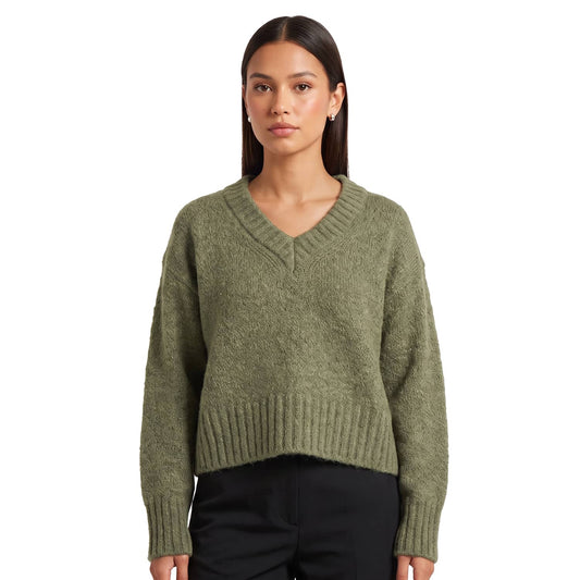Only Fiona LS Loose V-Neck Knit Sphagnum  - 15382494S