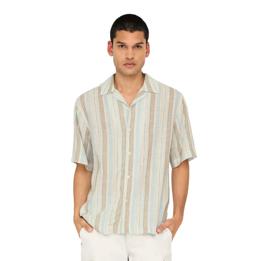 Only & Sons Seppo Strip SS Linen Blend Shirt Cerulean  - 22033639C
