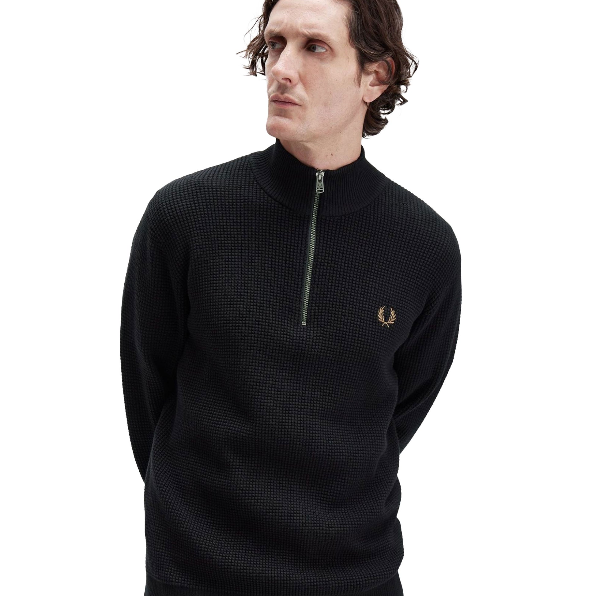 Fred Perry Waffle Stitch Half Zip Jumper Black  - K8557-102