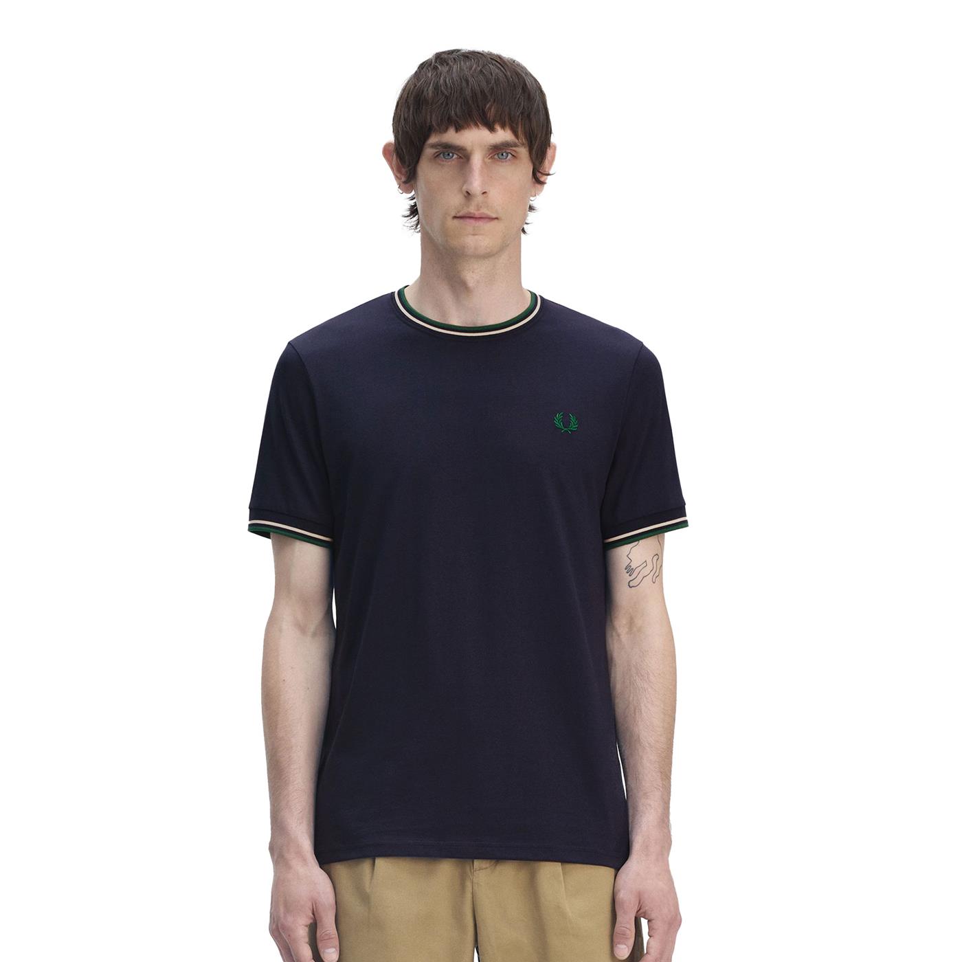 Fred Perry Twin Tipped T-Shirt Dark Carbon/Light Ecru/Green  - M1588-Y30