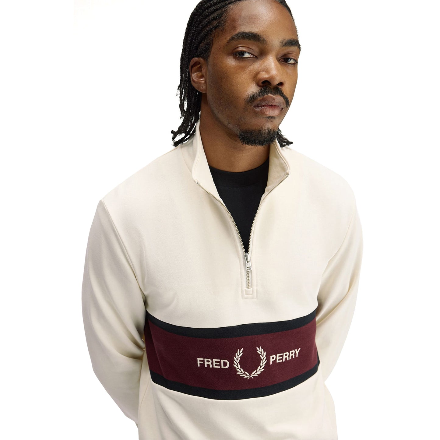 Fred Perry Embroidered Panel Half Zip Sweatshirt Ecru  - M2418-560