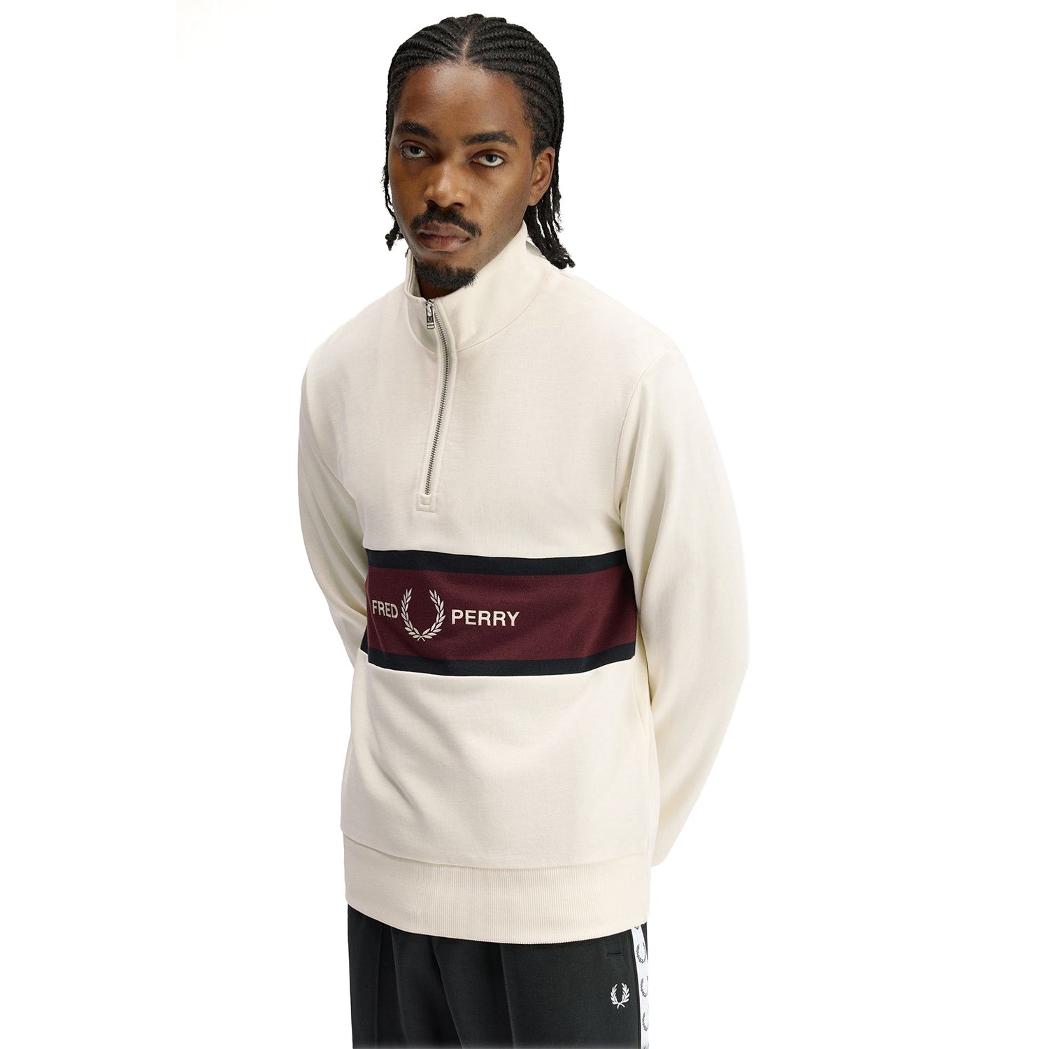 Fred Perry Embroidered Panel Half Zip Sweatshirt Ecru  - M2418-560