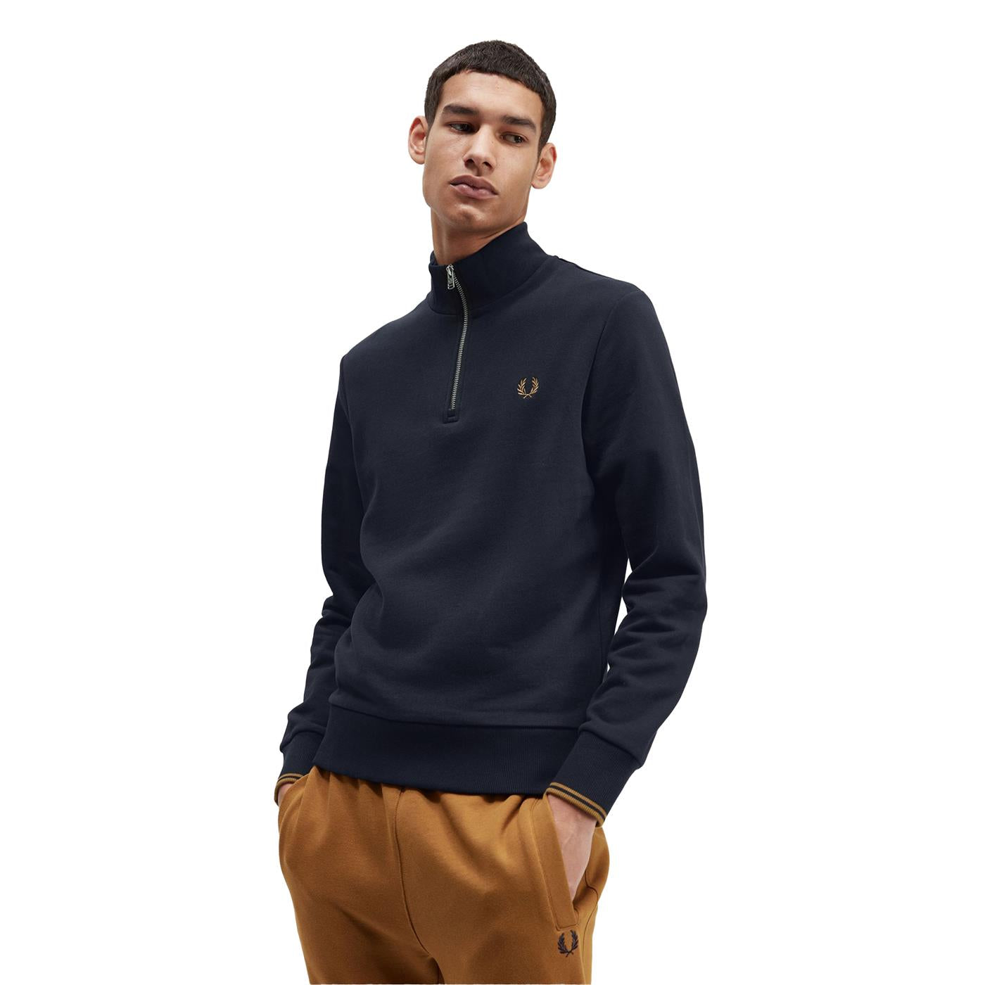 Fred Perry Half-Zip Sweatshirt Navy/Dark Caramel  - M3574-R63
