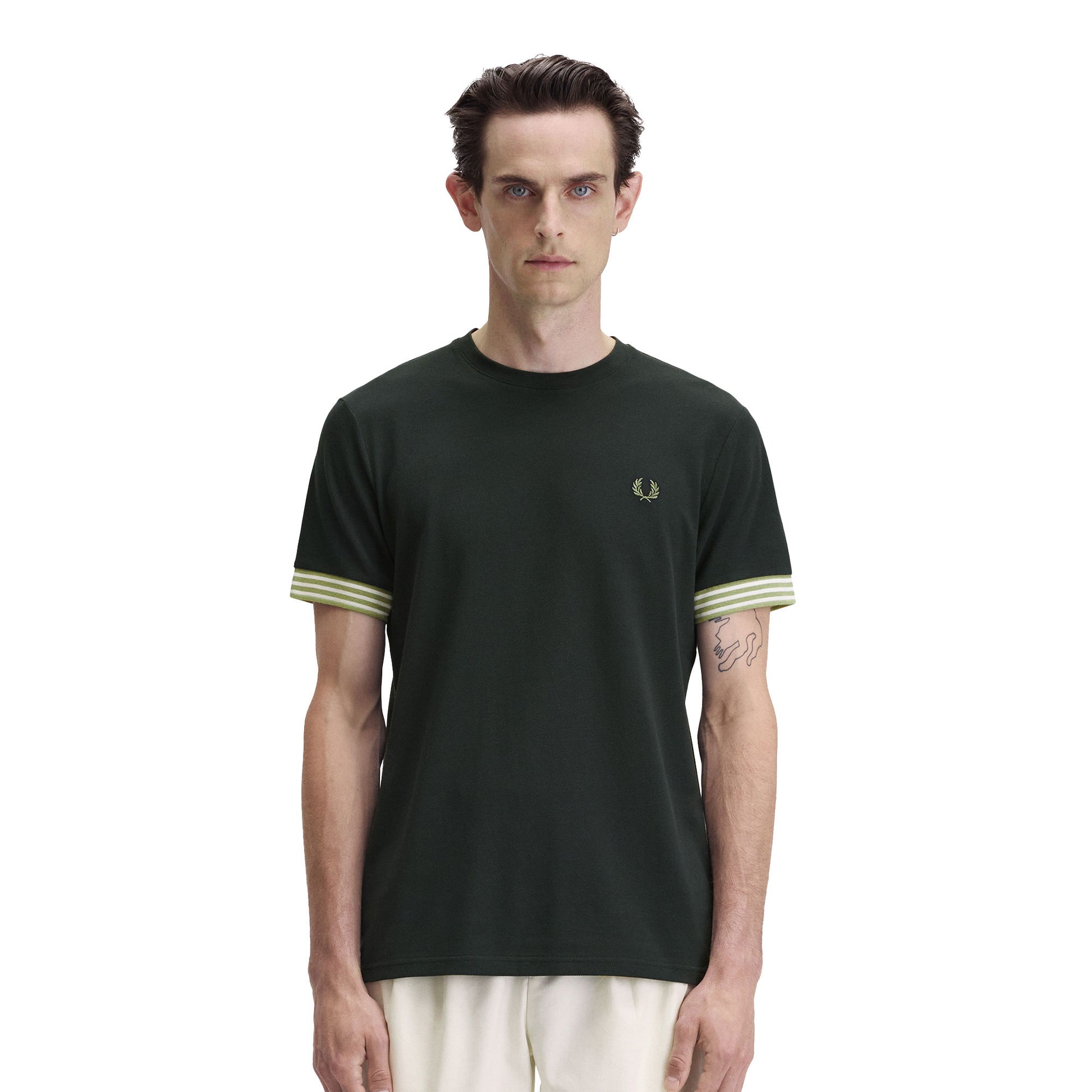 Fred Perry Striped Cuff T-Shirt Night Green  - M7707-Q20