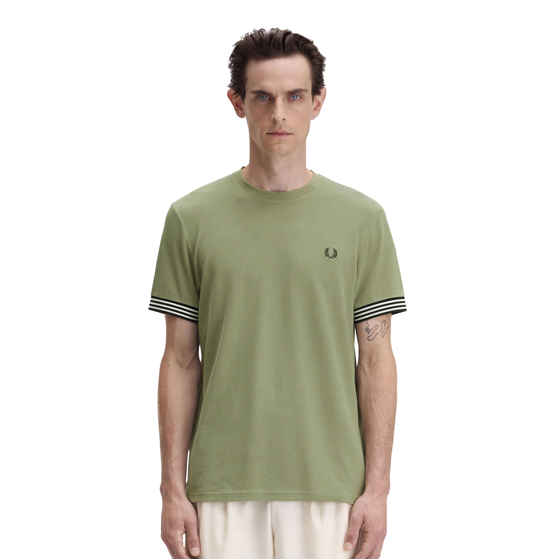 Fred Perry Striped Cuff T-Shirt Olive Mint  - M7707-X88