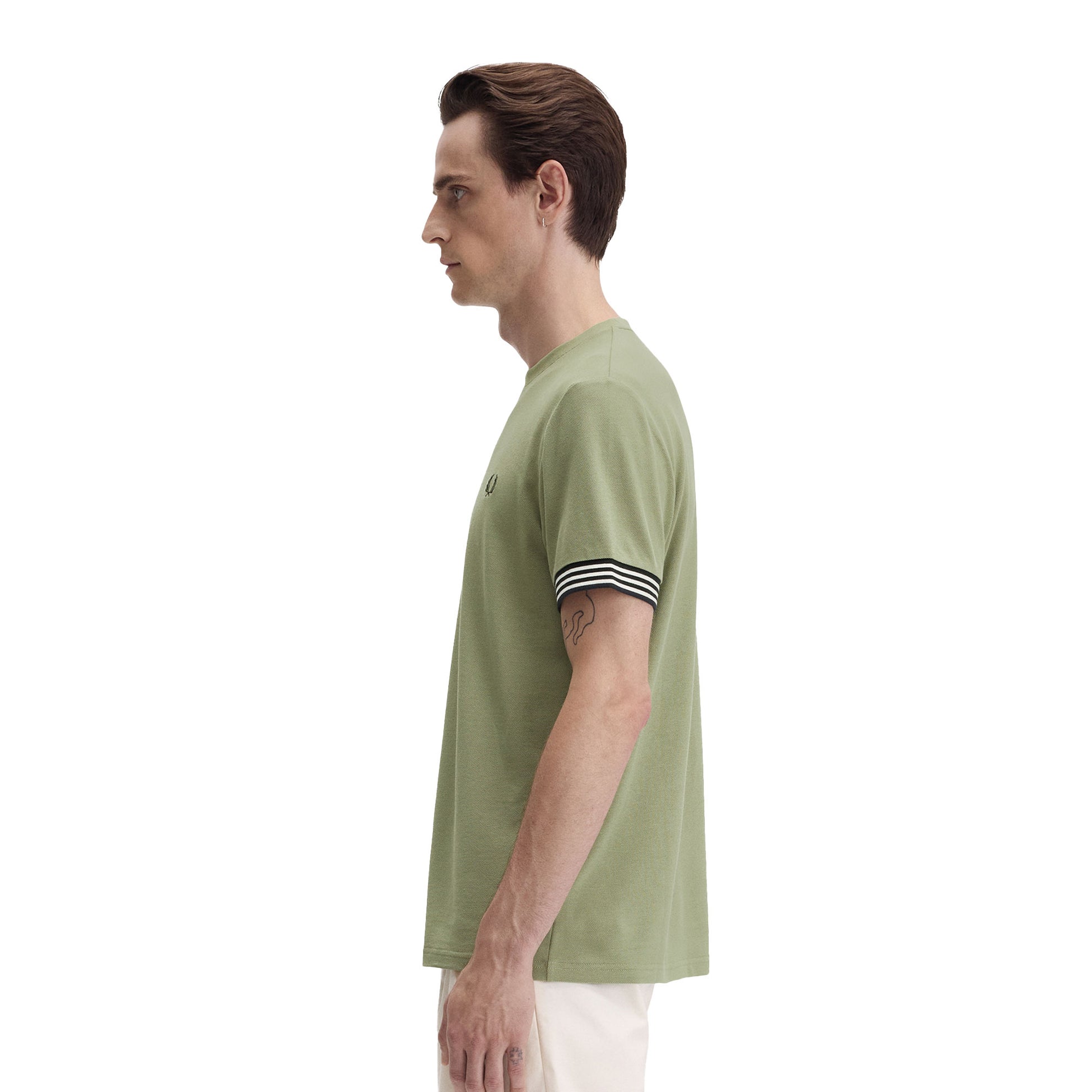 Fred Perry Striped Cuff T-Shirt Olive Mint  - M7707-X88