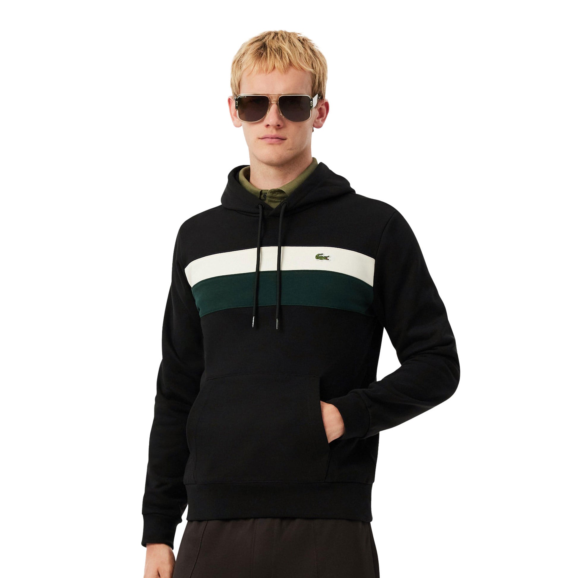 Lacoste Colour-Block Fleece Hoodie Black/Laponie-Sinople  - SH8161-6XH